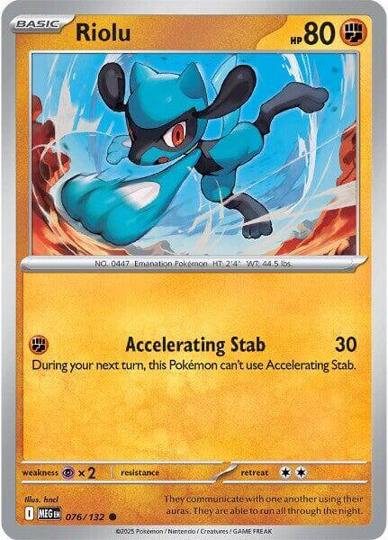 Riolu [MEG - 076/132] Condition: Near Mint Collectible Trading Cards ME01: Mega Evolution Also available: Language: English Printing: Reverse Holofoil