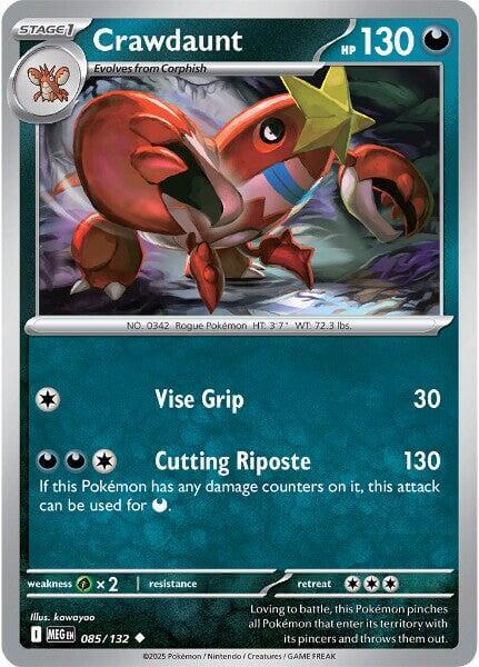 Crawdaunt [MEG - 085/132] Condition: Near Mint Collectible Trading Cards ME01: Mega Evolution Also available: Language: English Printing: Reverse Holofoil