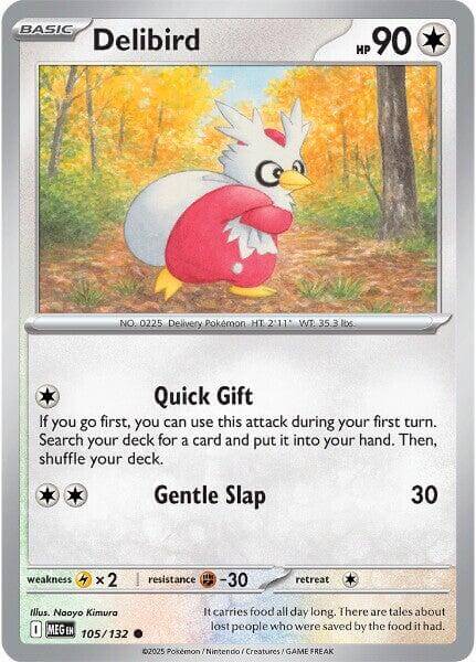 Delibird - 105/132 [MEG - 105/132] Condition: Near Mint Collectible Trading Cards ME01: Mega Evolution Also available: Language: English Printing: Reverse Holofoil