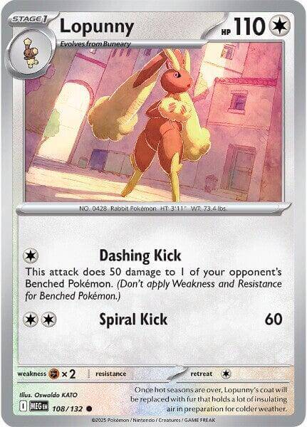 Lopunny [MEG - 108/132] Condition: Near Mint Collectible Trading Cards ME01: Mega Evolution Also available: Language: English Printing: Reverse Holofoil