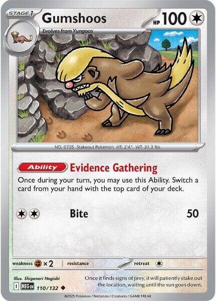 Gumshoos - 110/132 [MEG - 110/132] Condition: Near Mint Collectible Trading Cards ME01: Mega Evolution Also available: Language: English Printing: Reverse Holofoil
