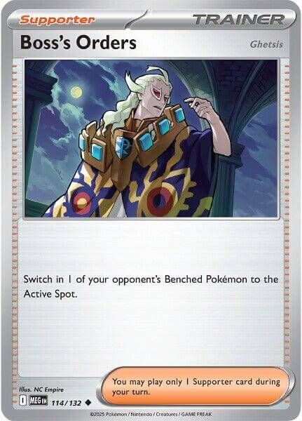 Boss's Orders [Ghetsis] [MEG - 114/132] Condition: Near Mint Collectible Trading Cards ME01: Mega Evolution Also available: Language: English Printing: Reverse Holofoil
