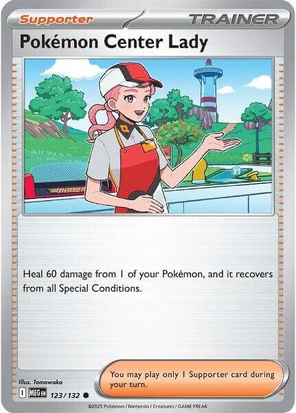 Pokemon Center Lady [MEG - 123/132] Condition: Near Mint Collectible Trading Cards ME01: Mega Evolution Also available: Language: English Printing: Reverse Holofoil