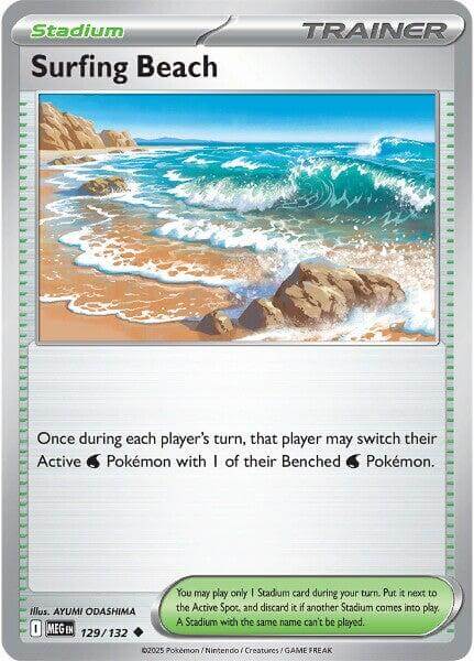 Surfing Beach [MEG - 129/132] Condition: Near Mint Collectible Trading Cards ME01: Mega Evolution Also available: Language: English Printing: Reverse Holofoil