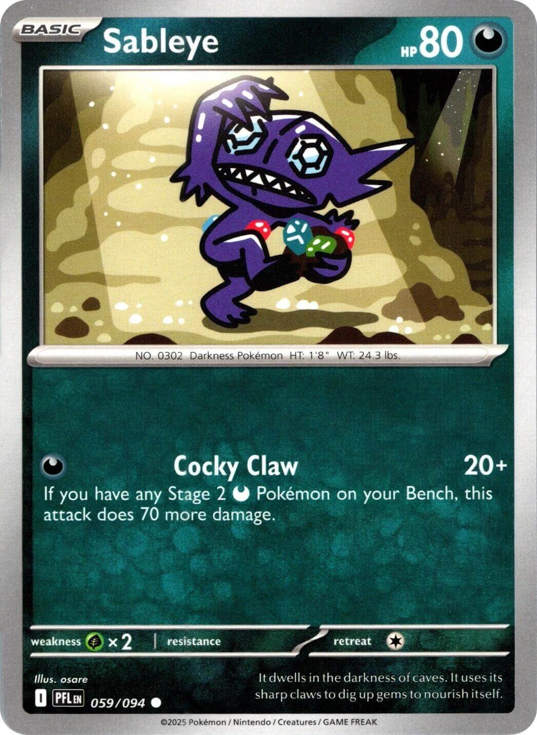 Sableye [PFL - 059/094] Condition: Near Mint Collectible Trading Cards ME02: Phantasmal Flames Also available: Language: English Printing: Reverse Holofoil