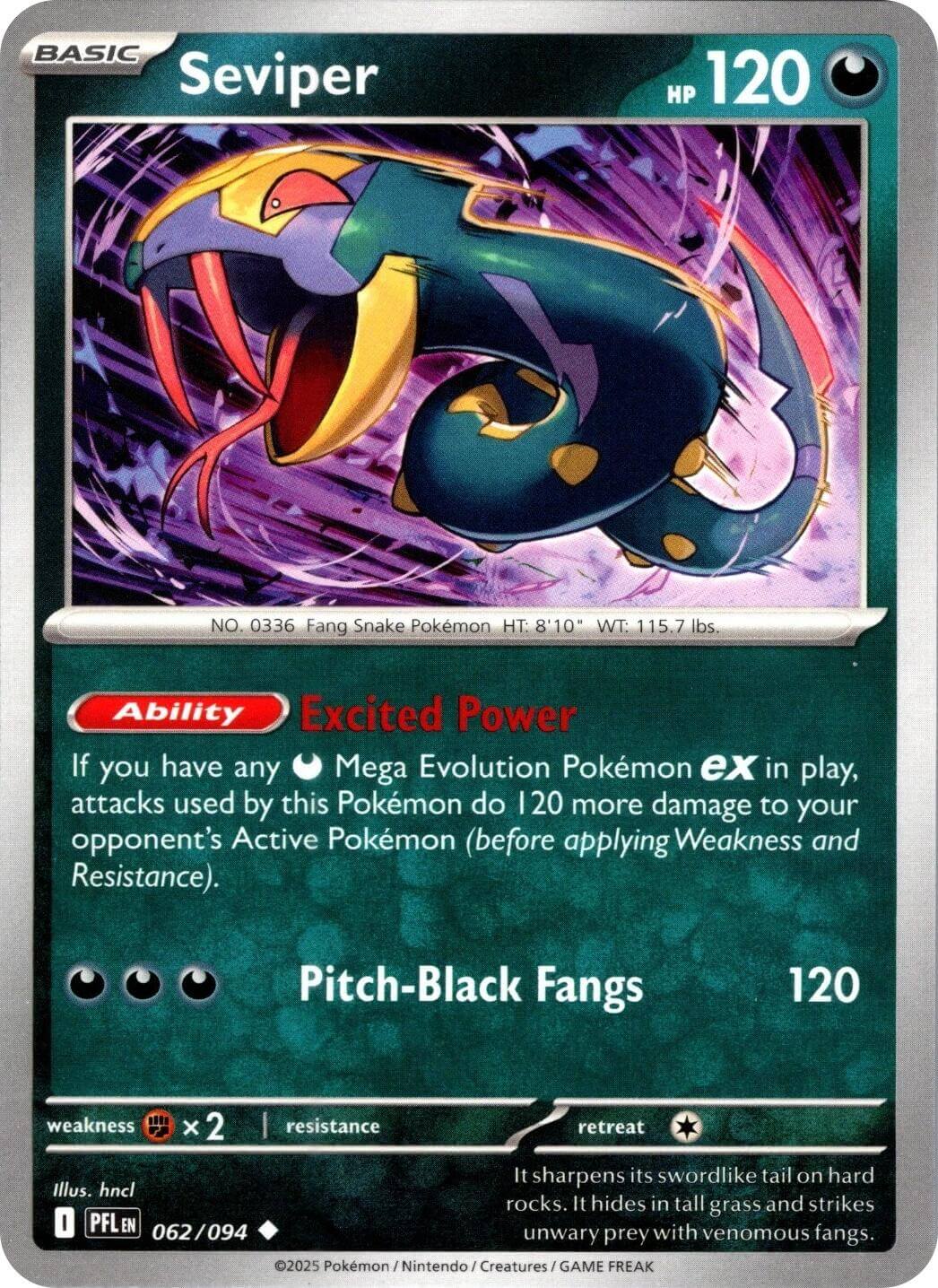 Seviper [PFL - 062/094] Condition: Near Mint Collectible Trading Cards ME02: Phantasmal Flames Also available: Language: English Printing: Reverse Holofoil