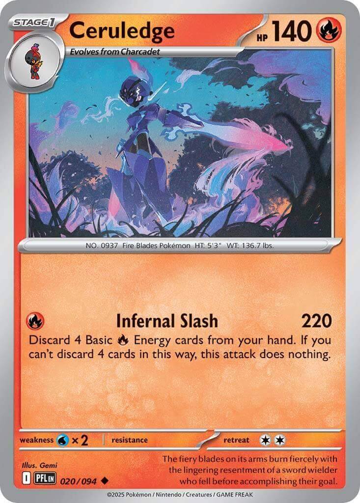 Ceruledge [PFL - 020/094] Condition: Near Mint Collectible Trading Cards ME02: Phantasmal Flames Also available: Language: English Printing: Reverse Holofoil