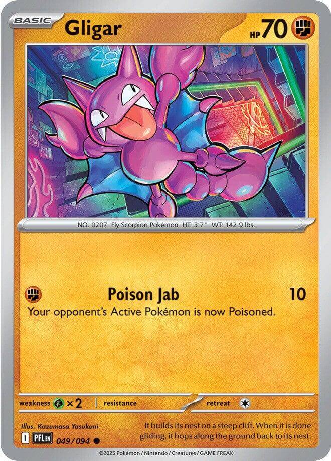 Gligar [PFL - 049/094] Condition: Near Mint Collectible Trading Cards ME02: Phantasmal Flames Also available: Language: English Printing: Reverse Holofoil