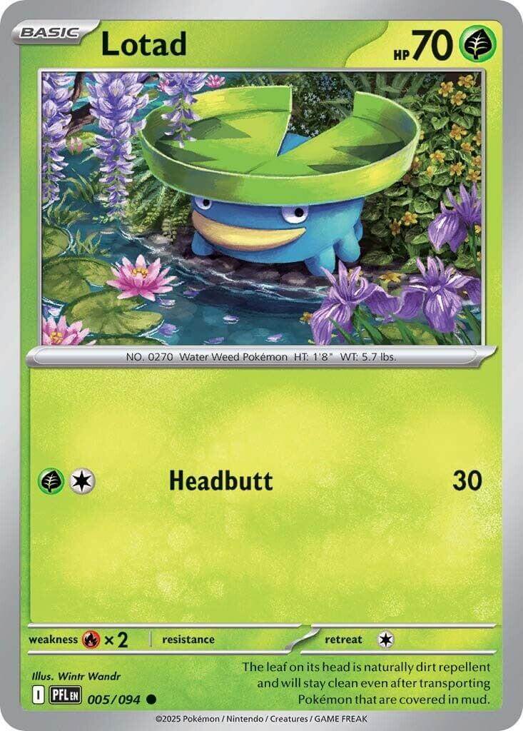 Lotad [PFL - 005/094] Condition: Near Mint Collectible Trading Cards ME02: Phantasmal Flames Also available: Language: English Printing: Reverse Holofoil