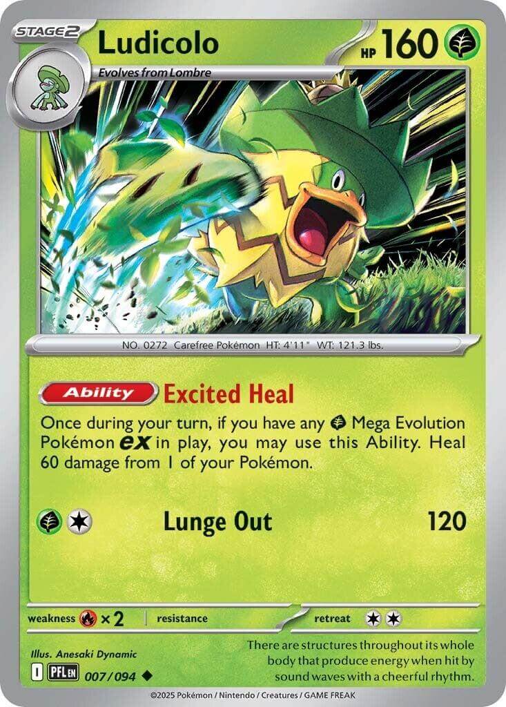 Ludicolo - 007/094 [PFL - 007/094] Condition: Near Mint Collectible Trading Cards ME02: Phantasmal Flames Also available: Language: English Printing: Reverse Holofoil