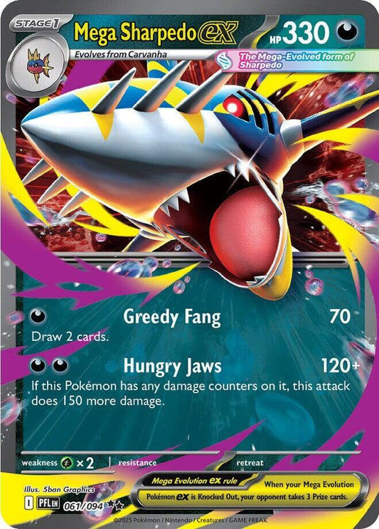Mega Sharpedo ex - 061/094 [PFL - 061/094] Condition: Near Mint Collectible Trading Cards ME02: Phantasmal Flames Also available: Language: English Printing: Holofoil