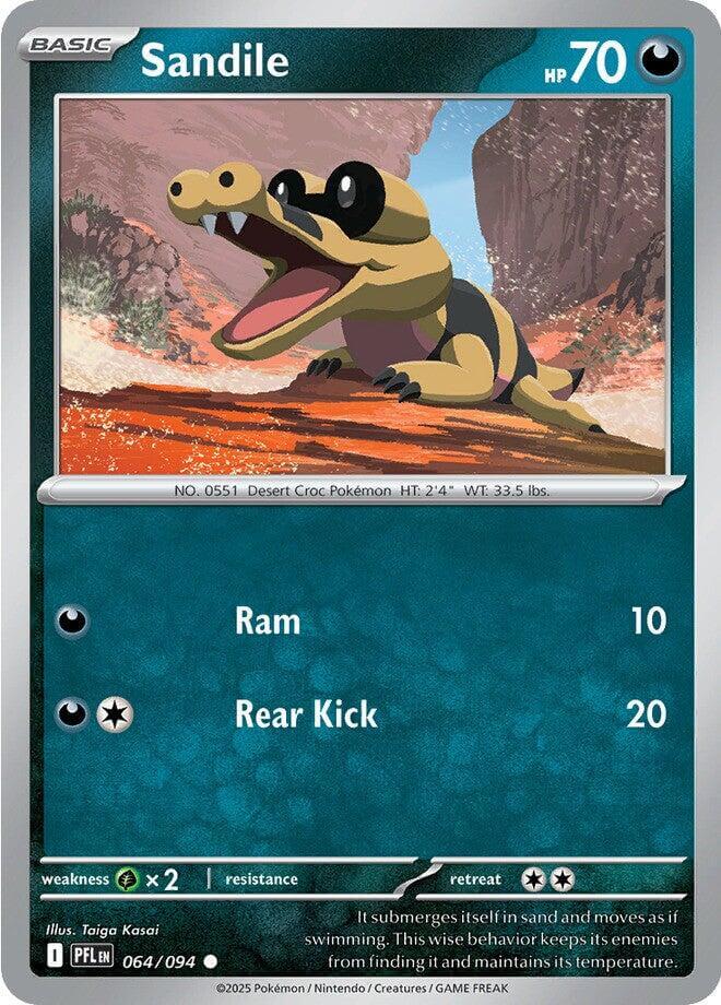 Sandile [PFL - 064/094] Condition: Near Mint Collectible Trading Cards ME02: Phantasmal Flames Also available: Language: English Printing: Reverse Holofoil