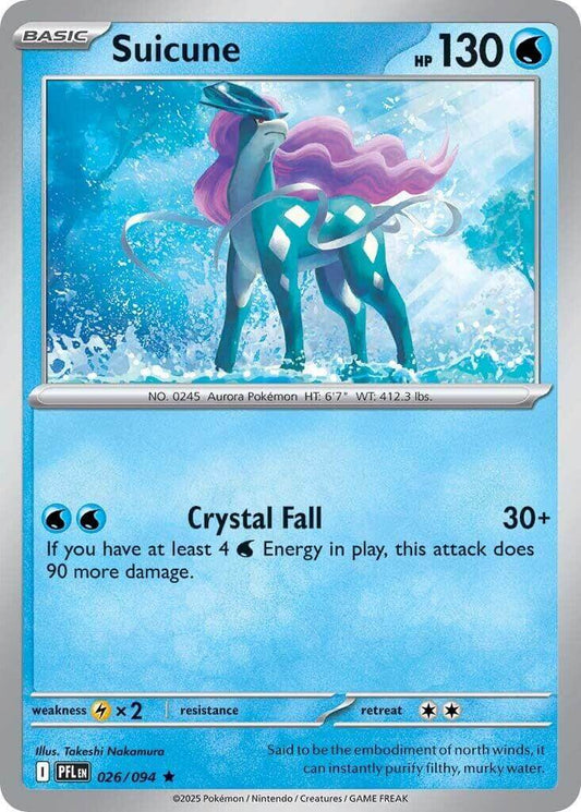 Suicune [PFL - 026/094] Condition: Near Mint Collectible Trading Cards ME02: Phantasmal Flames Also available: Language: English Printing: Reverse Holofoil