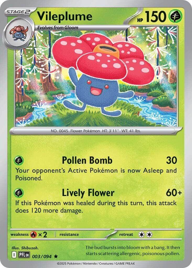 Vileplume [PFL - 003/094] Condition: Near Mint Collectible Trading Cards ME02: Phantasmal Flames Also available: Language: English Printing: Reverse Holofoil