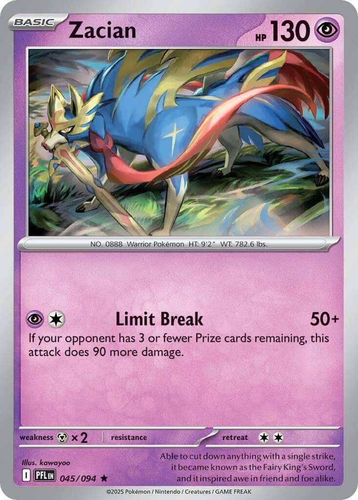 Zacian - 045/094 [PFL - 045/094] Condition: Near Mint Collectible Trading Cards ME02: Phantasmal Flames Also available: Language: English Printing: Reverse Holofoil