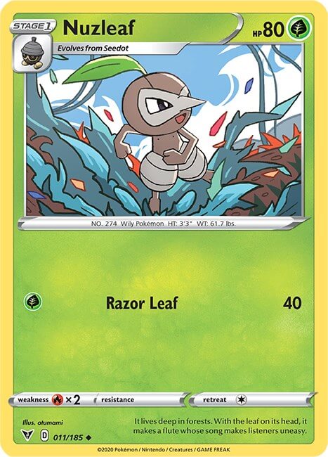 Nuzleaf [SWSH04 - 011/185] Condition: Near Mint Collectible Trading Cards SWSH04: Vivid Voltage Also available: Language: English Printing: Reverse Holofoil